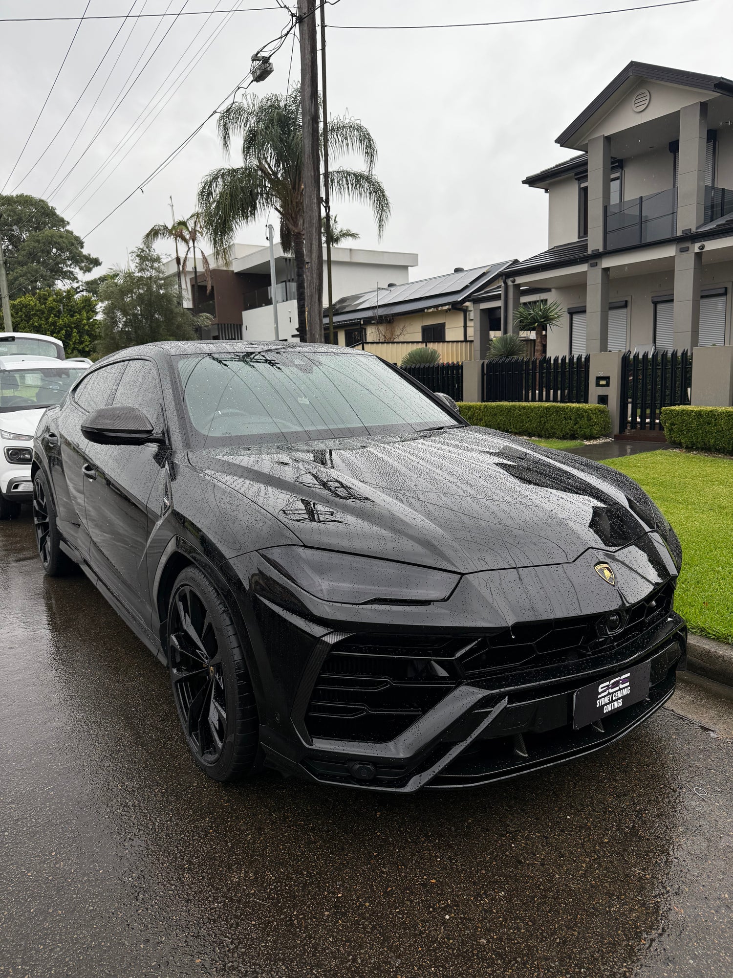 Black Lamborghini Urus SUV parked on a residential street in the rain, with water droplets visible on the paint and modern houses in the background.