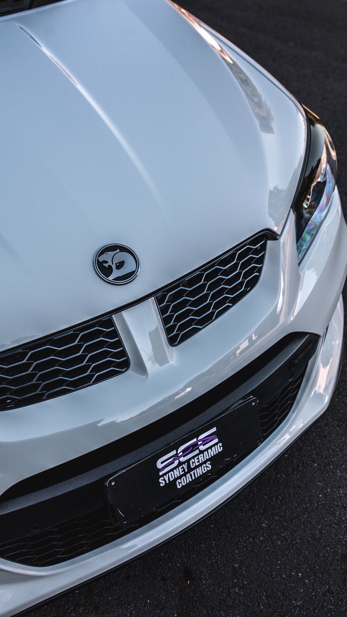 Close-up of a white car's front grille with a logo and 'Sydney Steering Customs' badge.