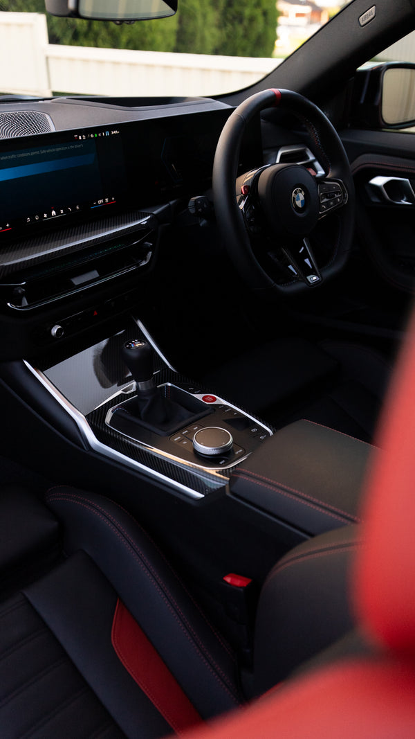 Car interior with steering wheel and dashboard